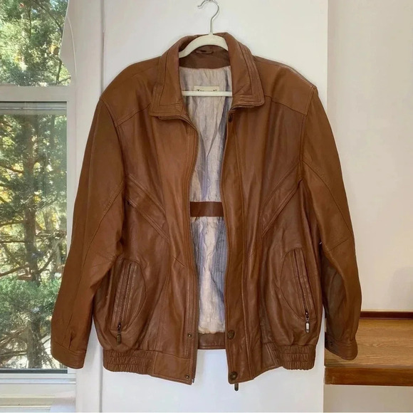 Vintage Leather Bomber Jacket Oversized Aviator Coat Y2K Brown Collar